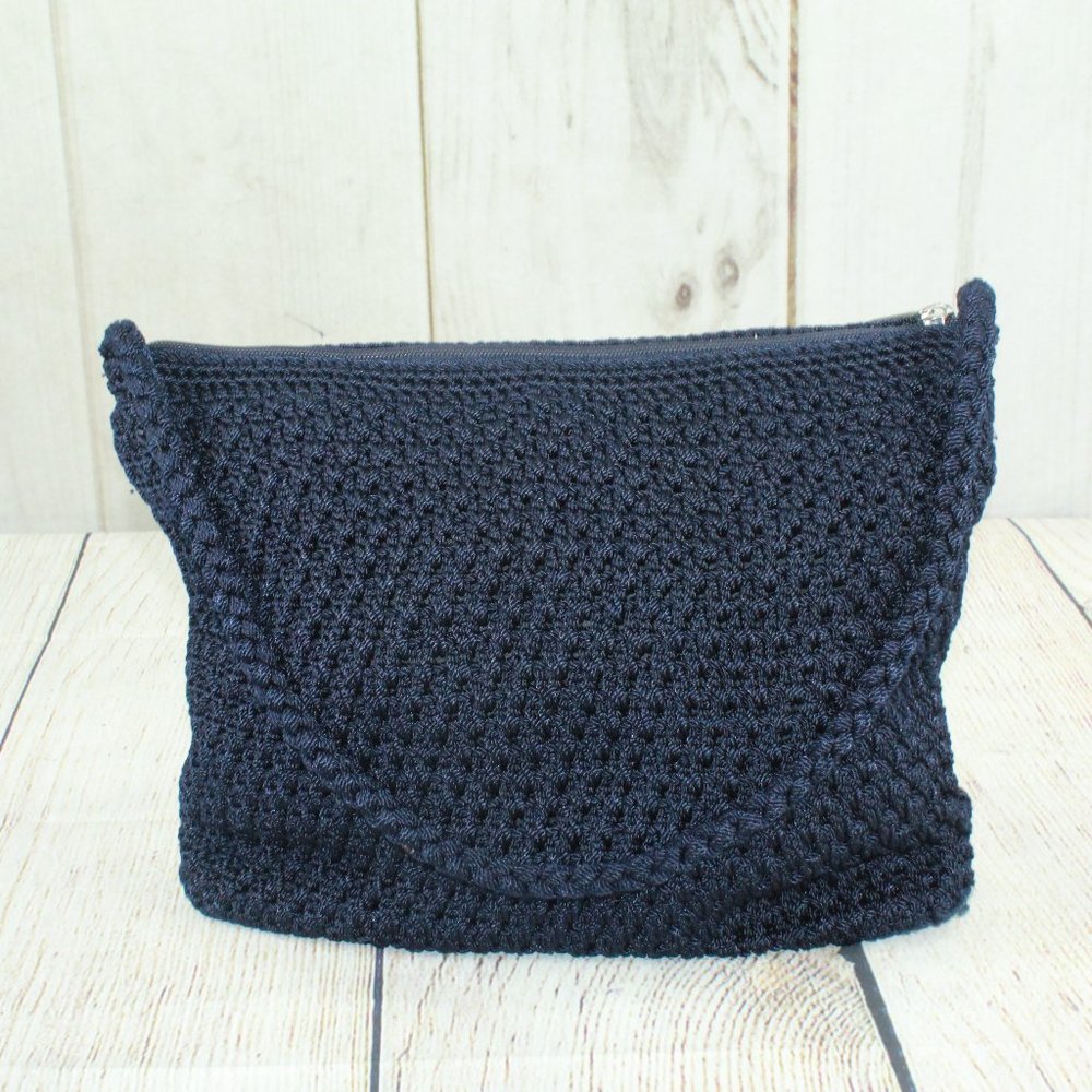 The Sak Blue Crochet Zipper Side Pocket Lined Tote Shoulder Handbag - Picture 1 of 9